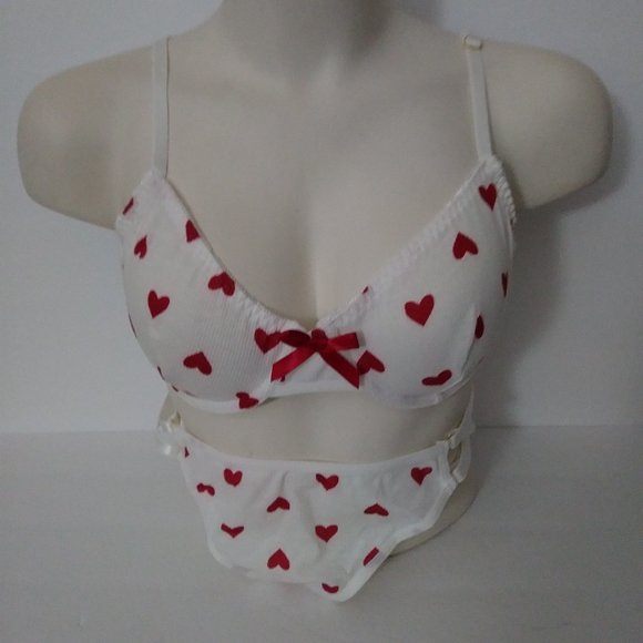 Unbranded Other - White Red Heart Print Lingerie Set XL